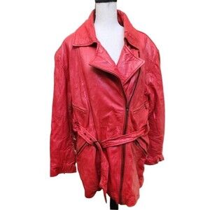 Excelled Vintage Red Leather Coat Belted Size Medium Full Zip